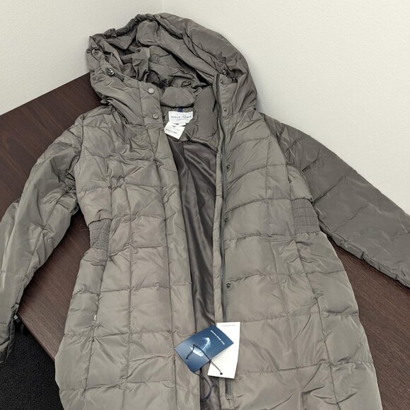 NWT New Cole Haan Long Puffer Zip bib Hooded Down Coat Carbon Grey Large - Picture 1 of 7